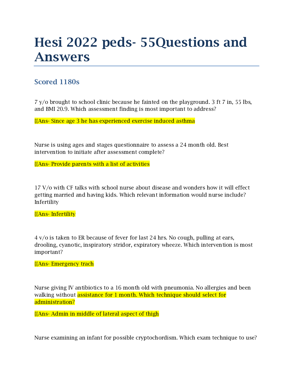 Preview of Hesi 2022 peds- 55Questions and Answers  Scored 1180s